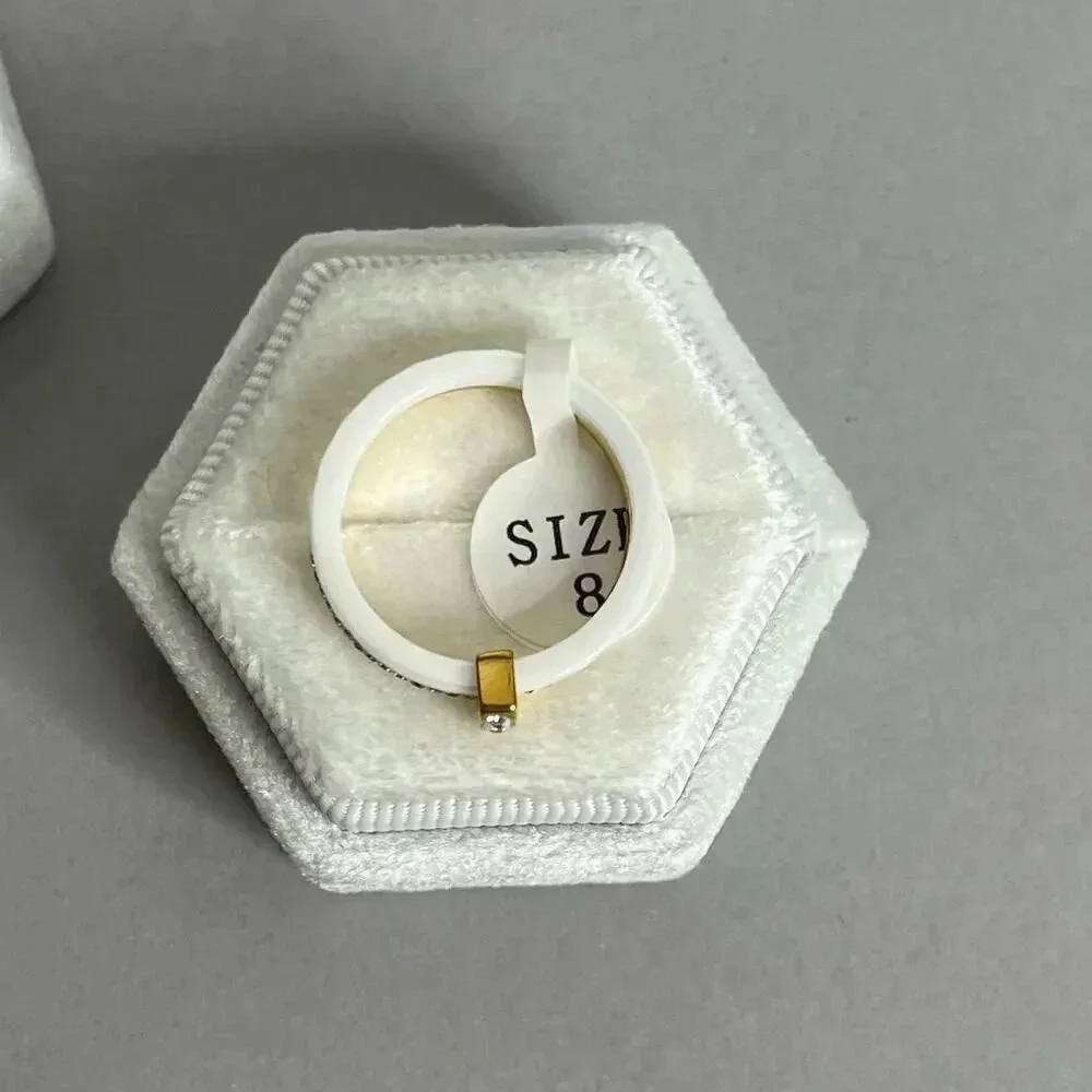 Stainless Steel Ceramic Zircon Gold Plated White Ring - Picture 4 of 8